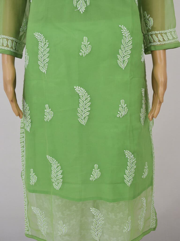 Women Green Lucknowi Chikankari Palti Boti Georgette Kurti - Front Low