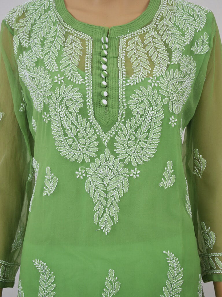 Women Green Lucknowi Chikankari Palti Boti Georgette Kurti - Front Mid Close