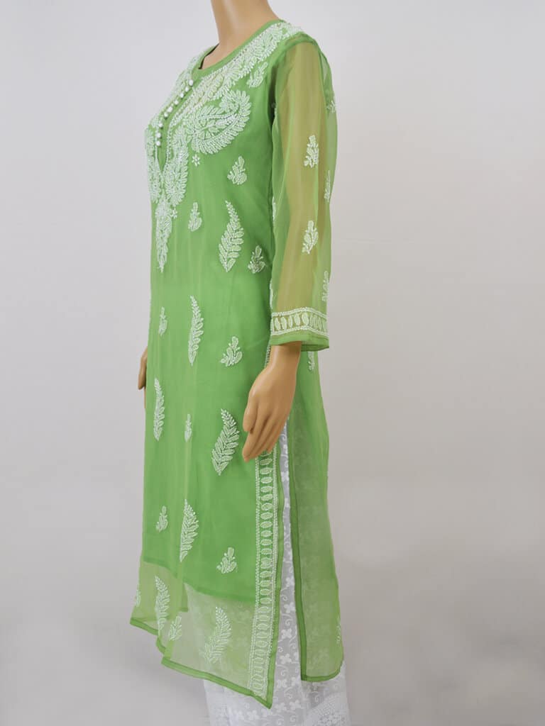 Women Green Lucknowi Chikankari Palti Boti Georgette Kurti - Side Full