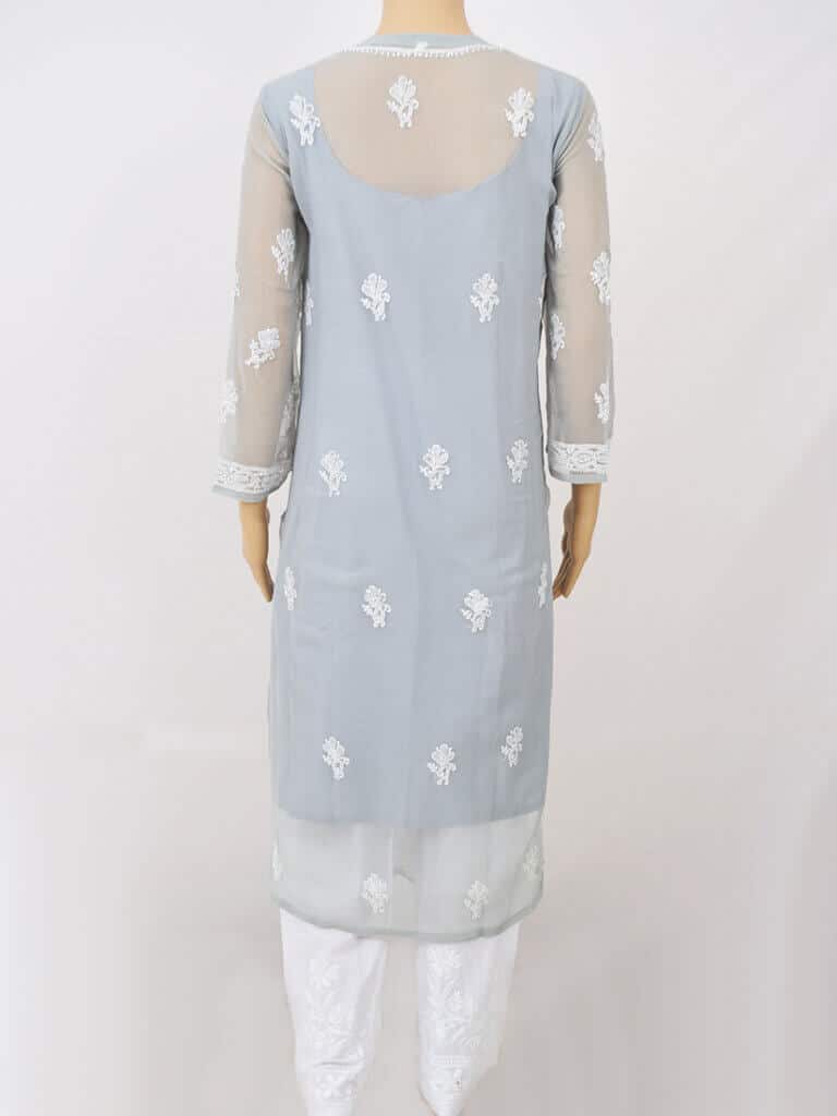 Women Grey Full Jaal Lucknowi Chikankaari Georgette Kurti - Back Full