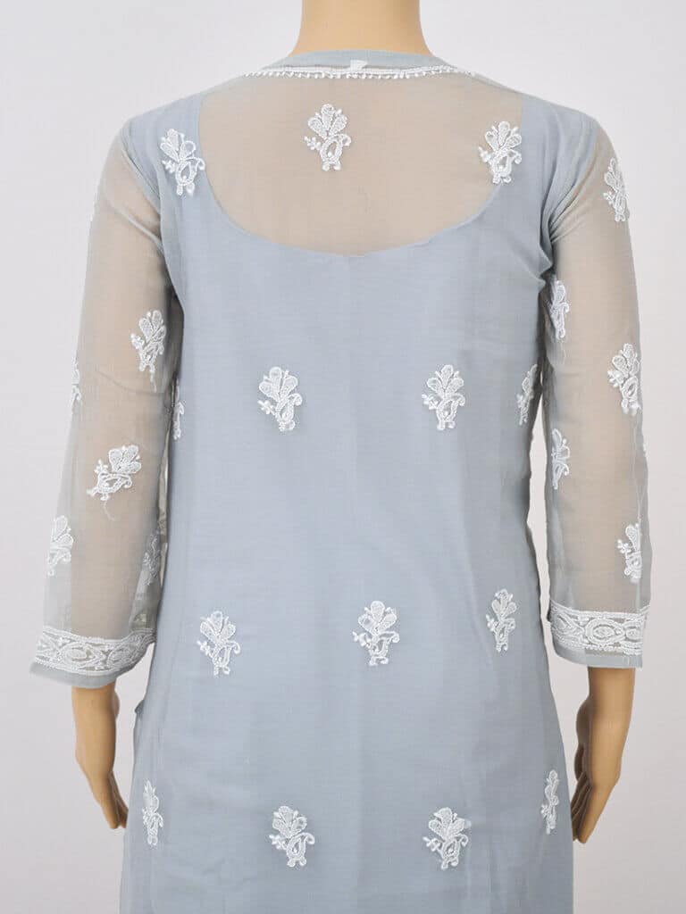 Women Grey Full Jaal Lucknowi Chikankaari Georgette Kurti - Back Close