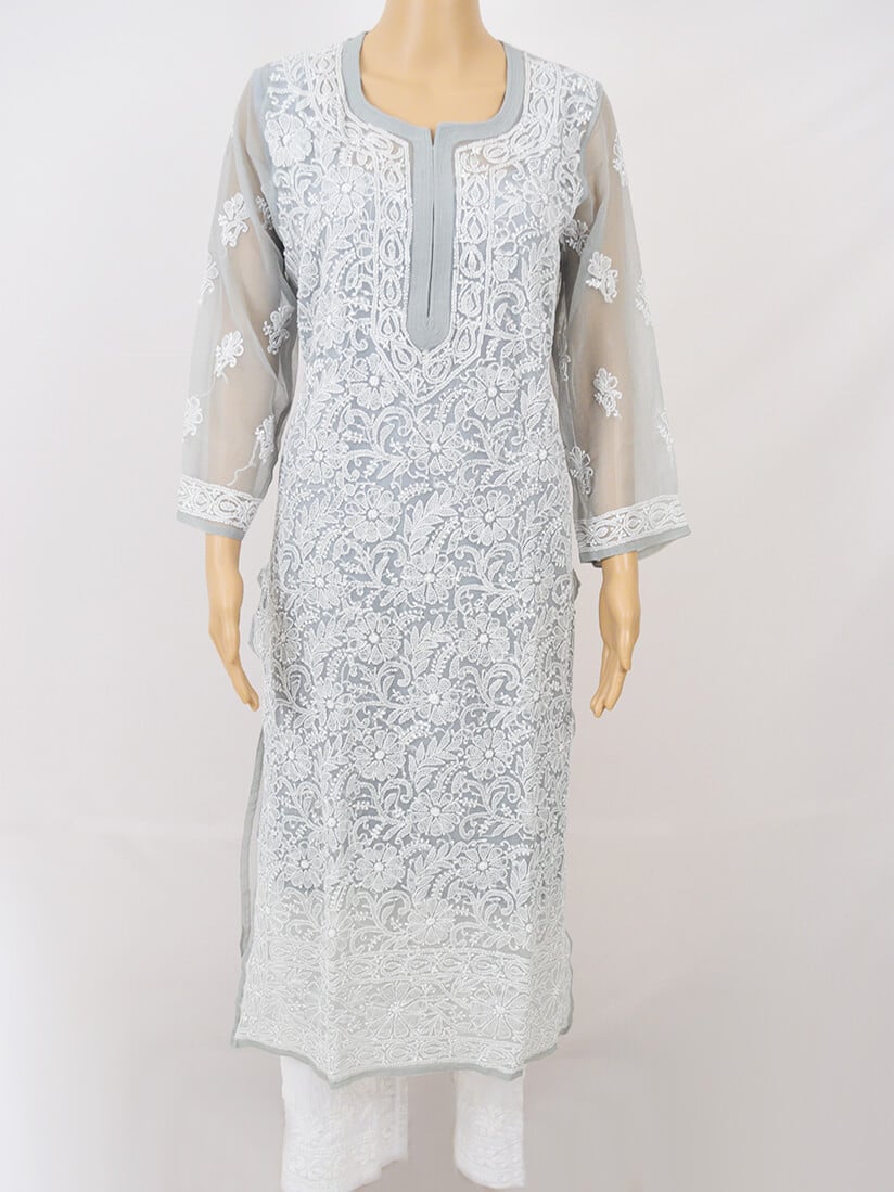 Women Georgette Fabric Straight Grey Kurti with Lining,Lucknowi Chikankari  Kurta | eBay