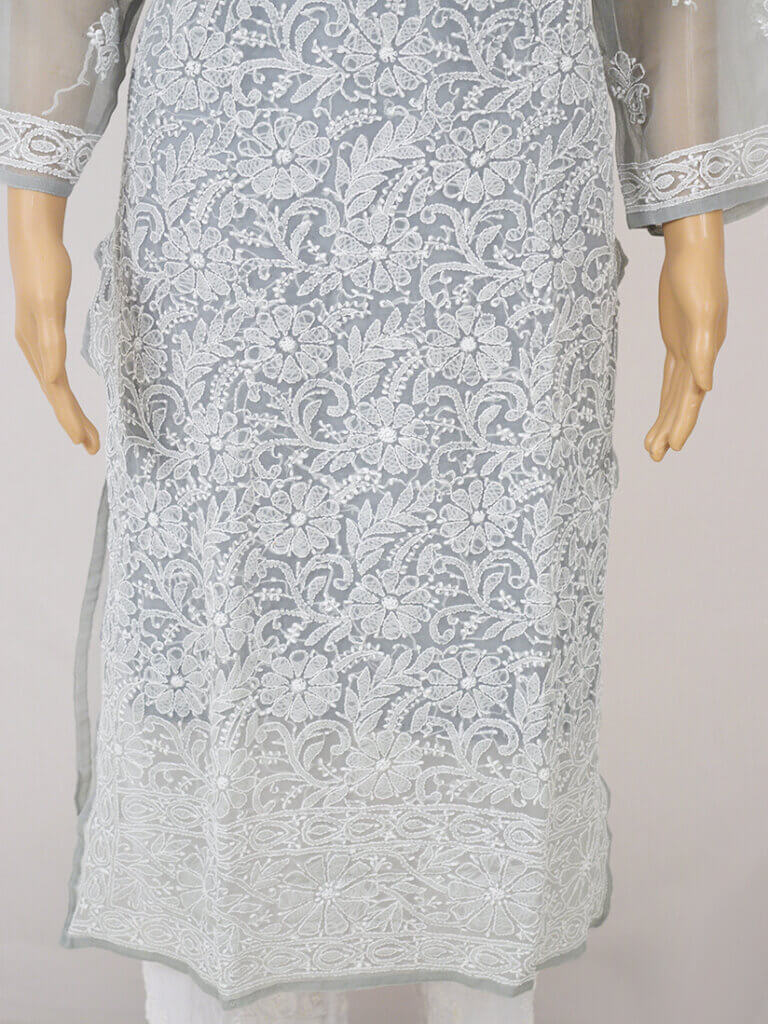 Women Grey Full Jaal Lucknowi Chikankaari Georgette Kurti - Front Low