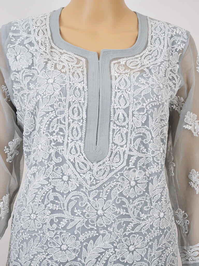 Women Grey Full Jaal Lucknowi Chikankaari Georgette Kurti - Front Mid Close