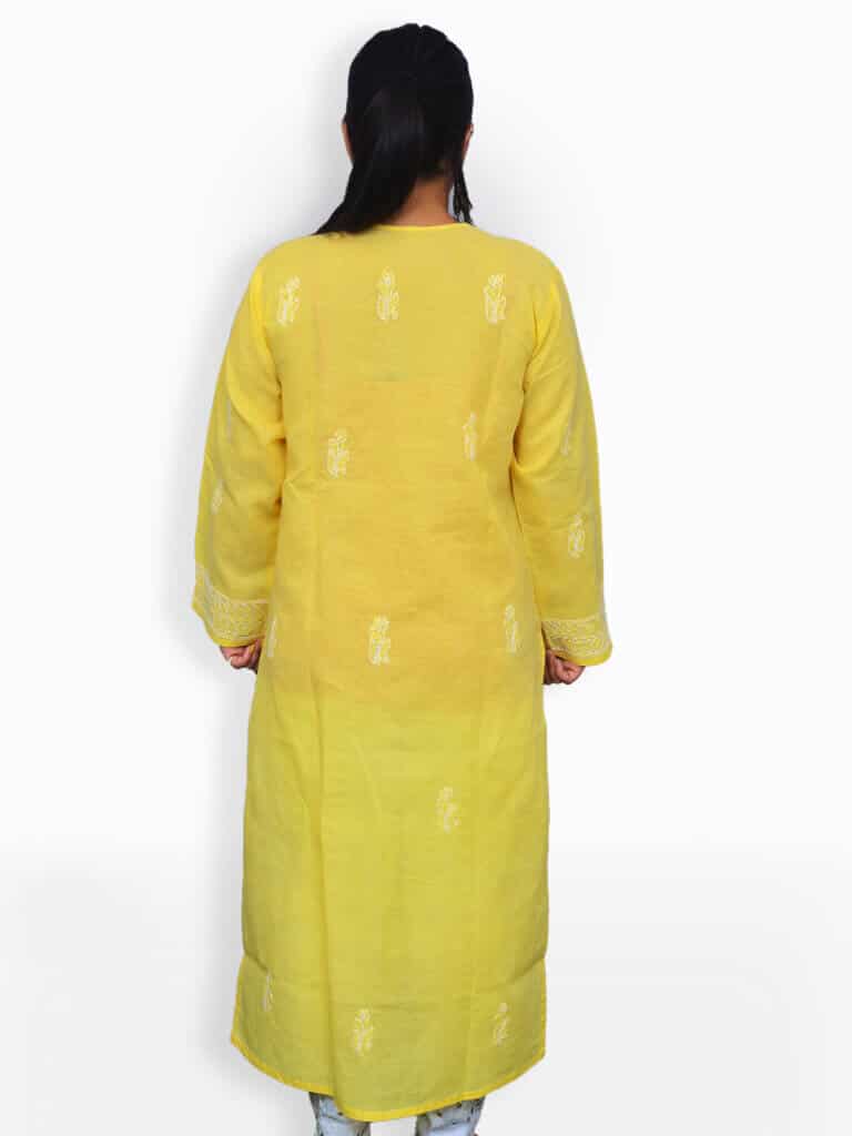 Women Light Yellow And White Chikankari Emboridery Cotton Kurta - Back Pose