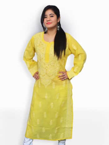 Yellow & White Gala Boti Lucknowi Chikankari Casual Cotton Kurti - Front Pose