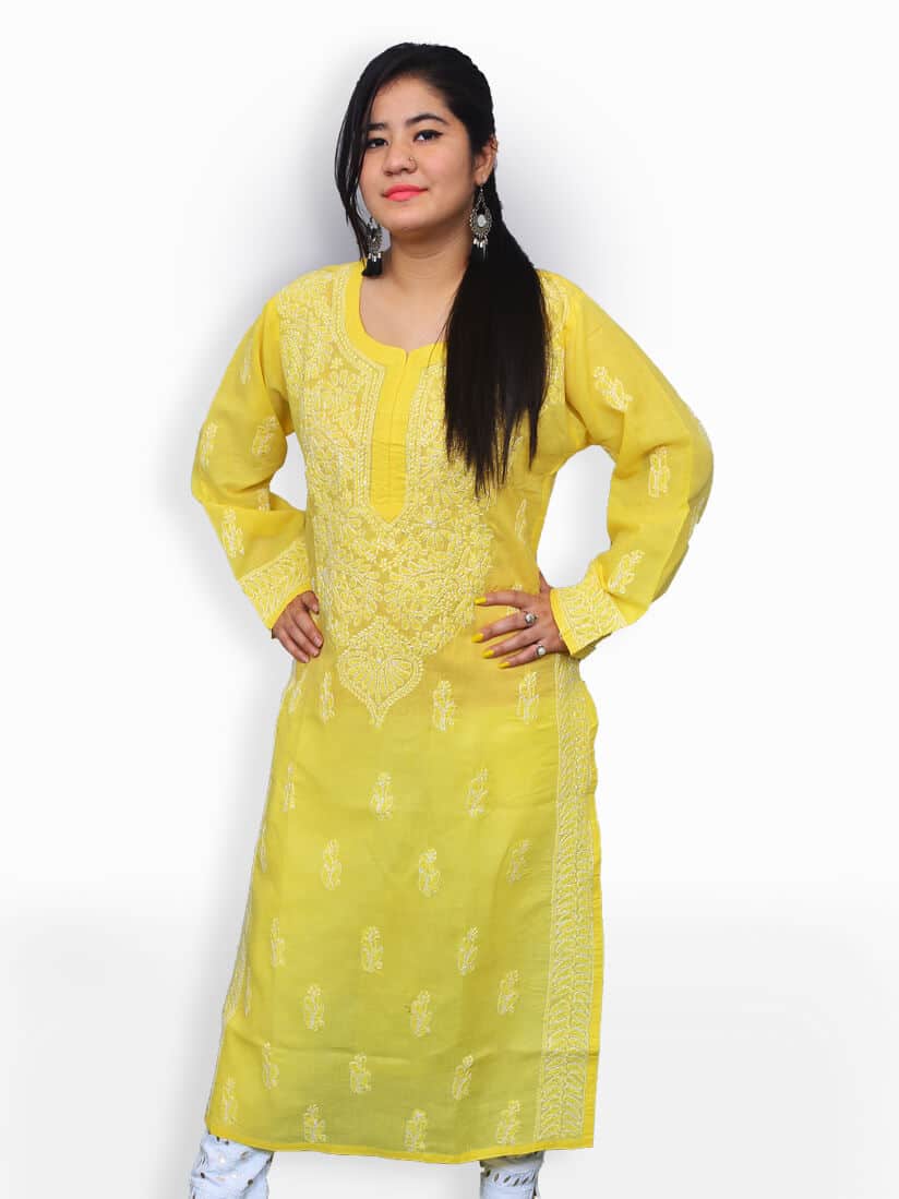 Women's Cotton Yellow & Green Collared Kurti – Samprada