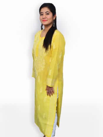 Women Light Yellow And White Chikankari Emboridery Cotton Kurta - Side Pose