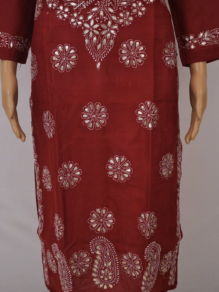 Women Maroon Lucknowi Chikankari Cotton Kurti With Gota Patti Work - Front Low