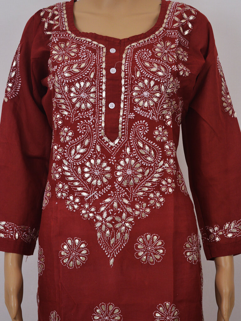 Women Maroon Lucknowi Chikankari Cotton Kurti With Gota Patti Work - Front Mid Close