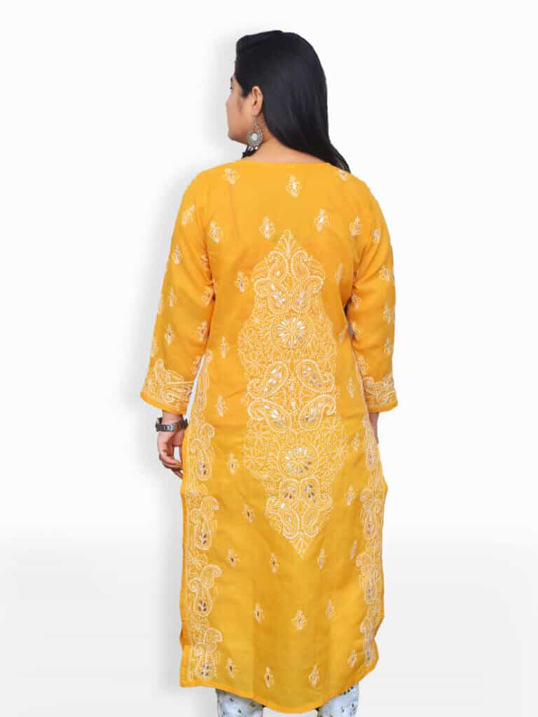 Women Mustard Lucknowi Chikankari Handwork Gala Boti Gotta Patti Kurti - Back