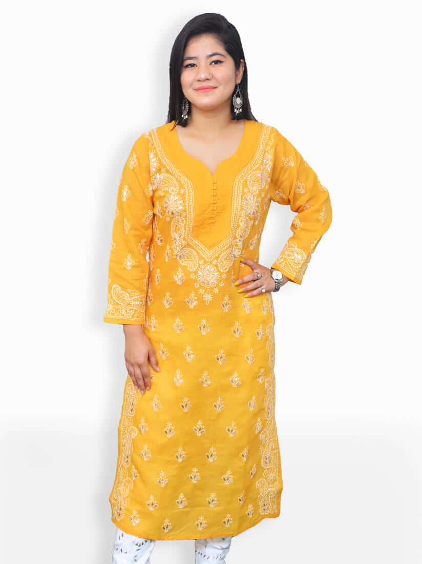 Yellow colour straight kurta with button detailing - Kurti Fashion