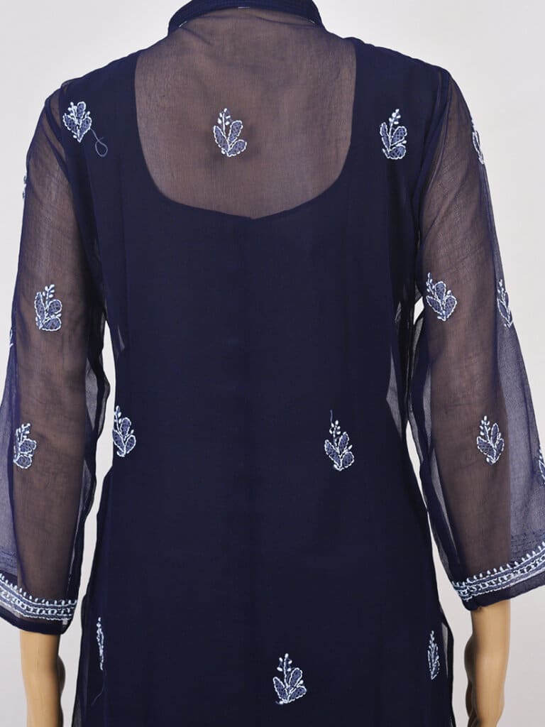 Women Navy Blue Lucknowi Chikankari Open Front Button Georgette Kurti - Back Close