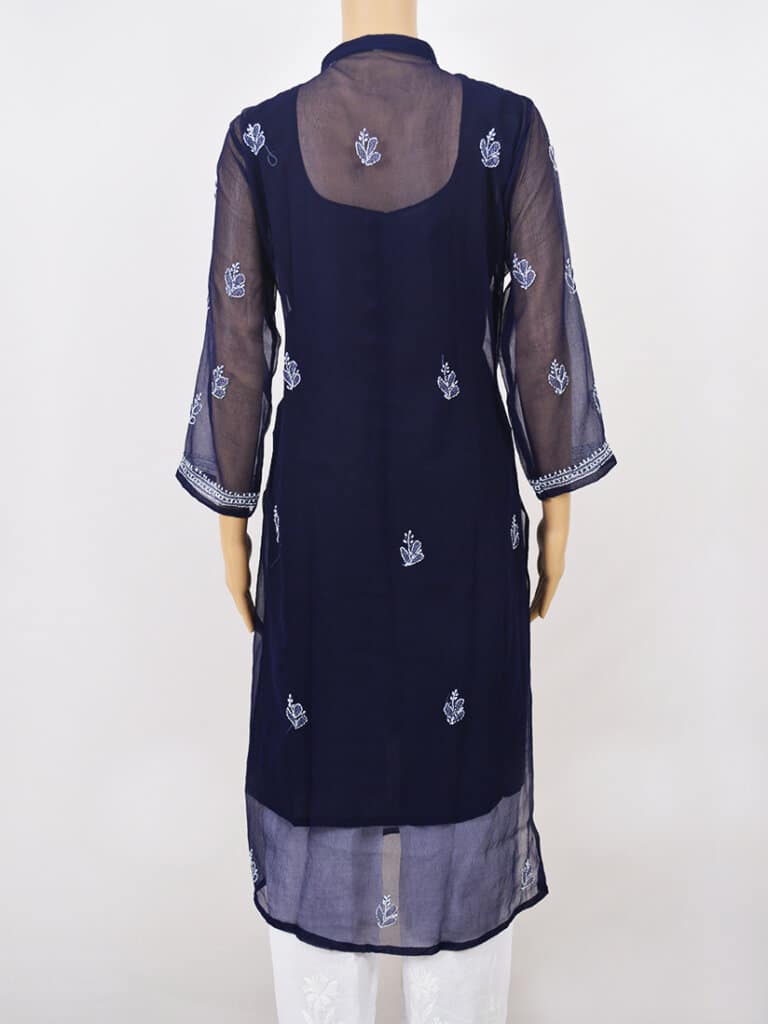 Women Navy Blue Lucknowi Chikankari Open Front Button Georgette Kurti - Back Full