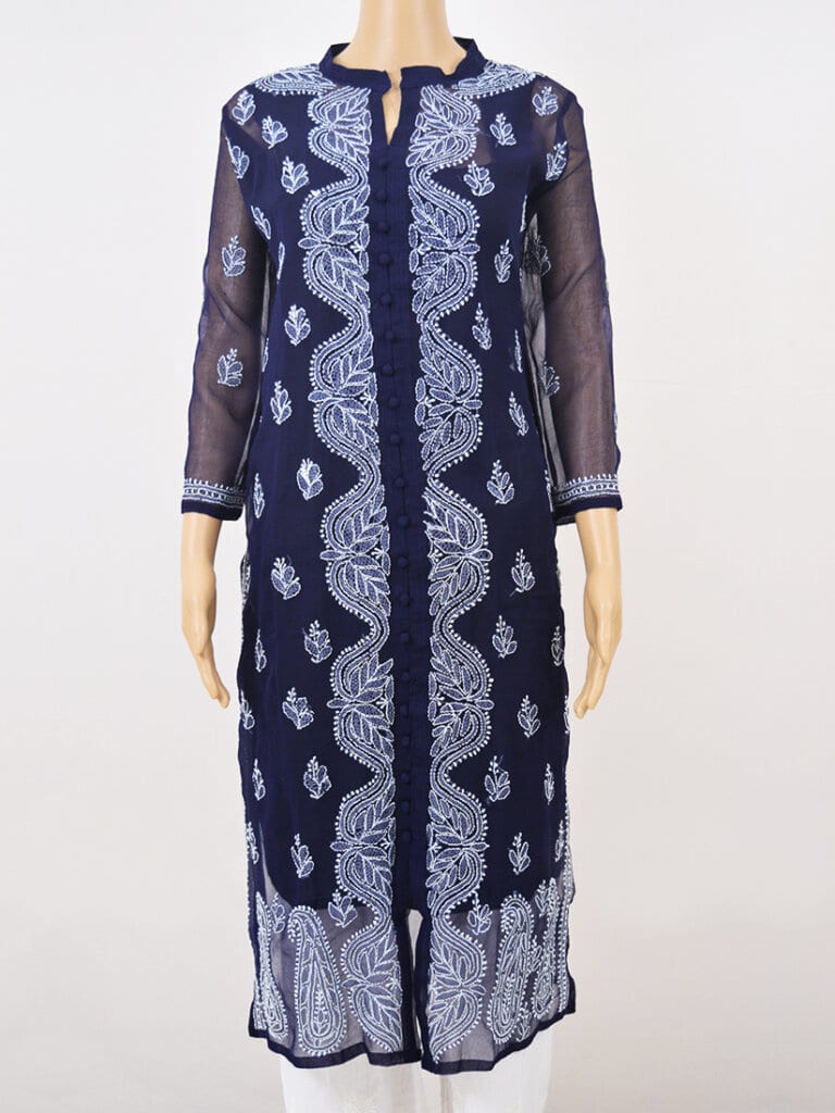 Women Navy Blue Lucknowi Chikankari Open Front Button Georgette Kurti - Front Full