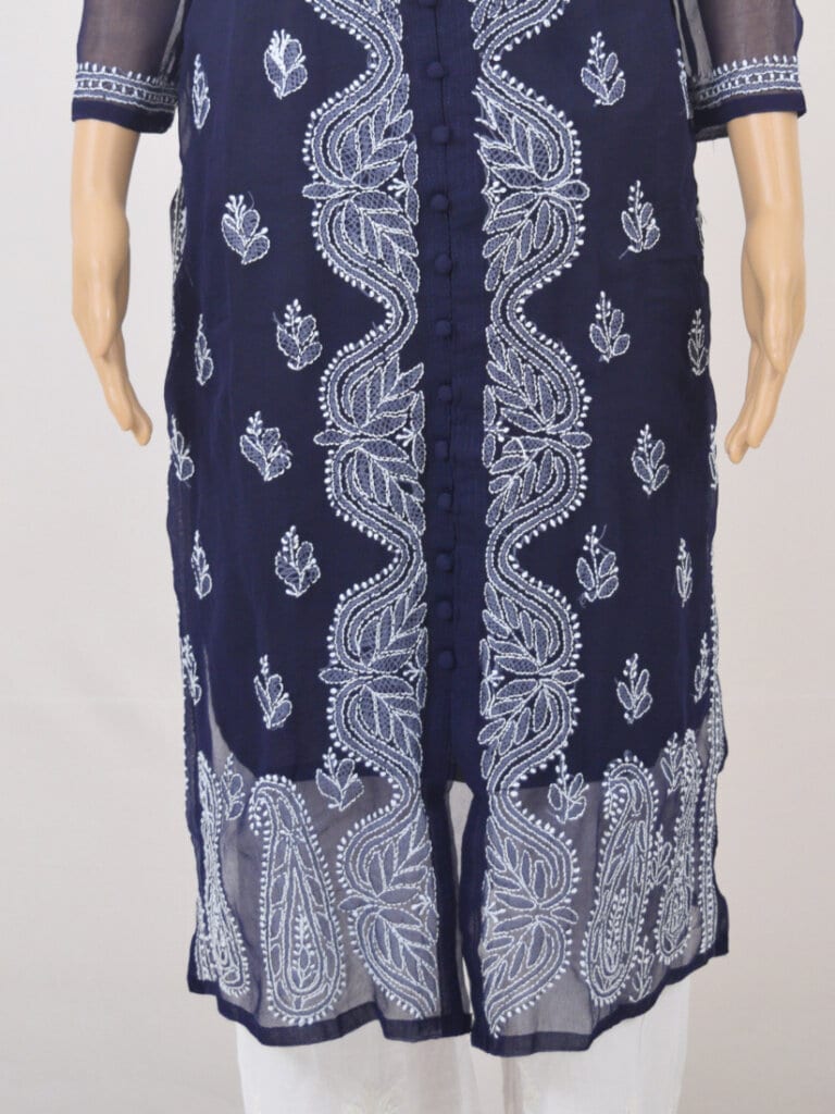 Women Navy Blue Lucknowi Chikankari Open Front Button Georgette Kurti - Front Low