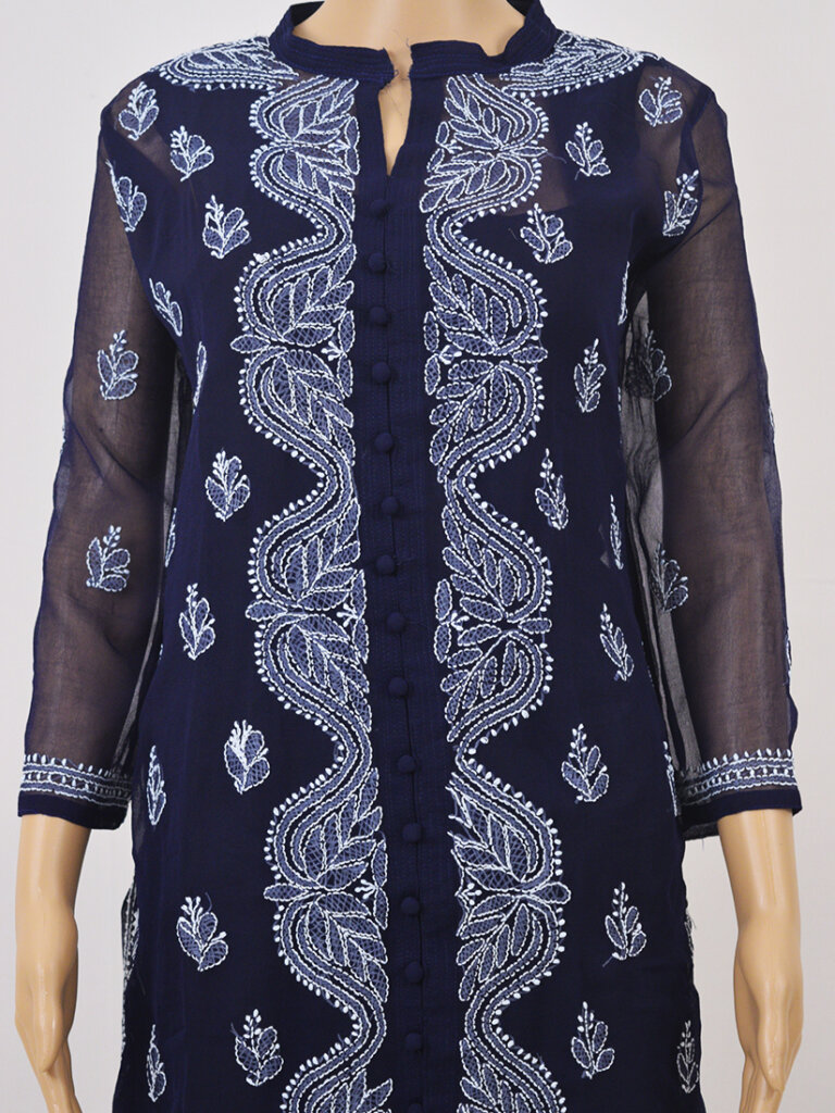 Women Navy Blue Lucknowi Chikankari Open Front Button Georgette Kurti - Front Mid Close