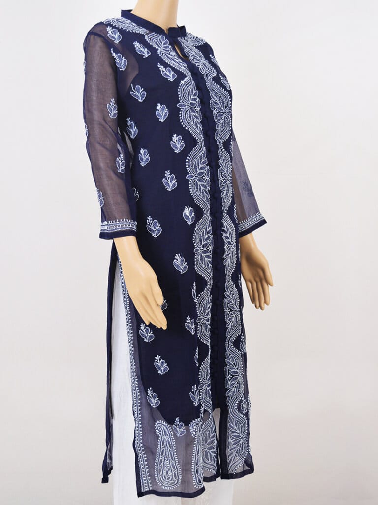 Women Navy Blue Lucknowi Chikankari Open Front Button Georgette Kurti - Side Full