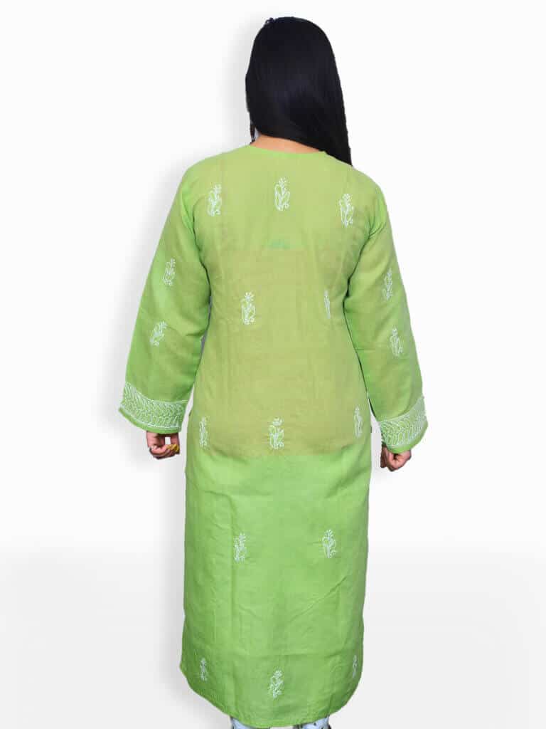 Women Olive Green And White Chikankari Emboridery Cotton Kurta - Back