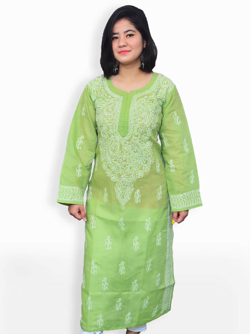 Buy Women Olive green and white chikankari embroidery cotton kurti ...