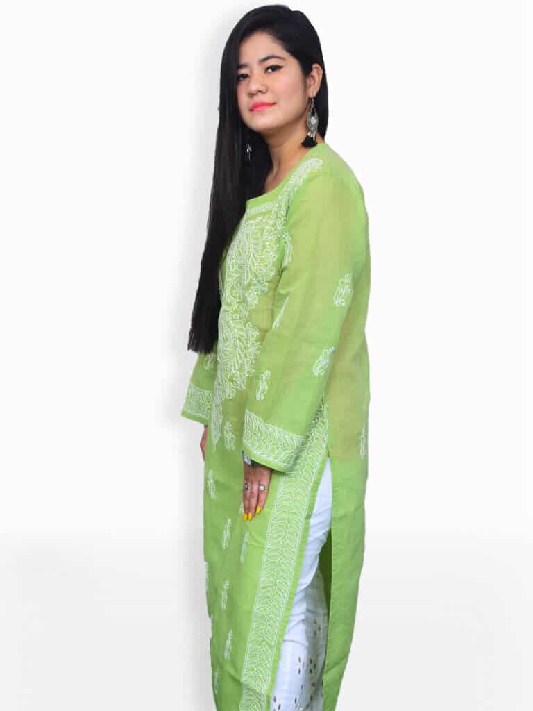 Women Olive Green And White Chikankari Emboridery Cotton Kurta - Side