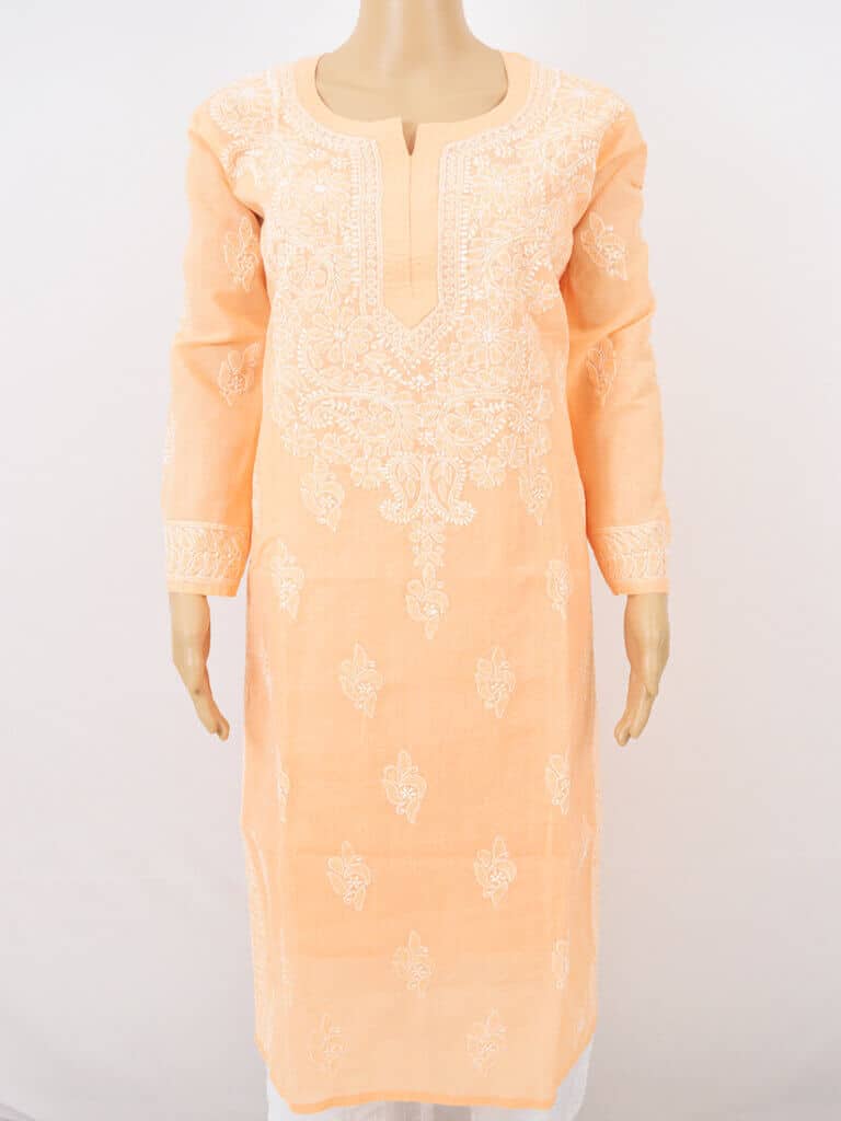 Women Orange And White Chikankaari Embroidery Cotton Kurta - Front Low
