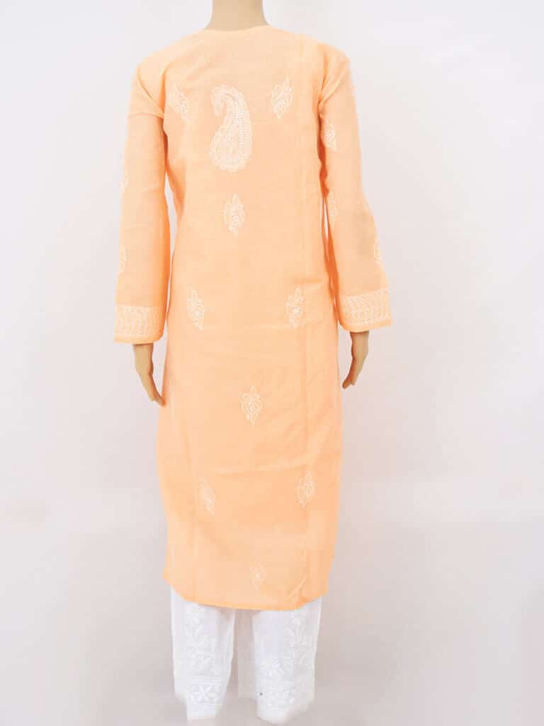 Women Orange And White Chikankaari Embroidery Cotton Kurta - Full Back