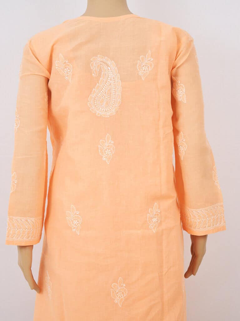 Women Orange And White Chikankaari Embroidery Cotton Kurta - Full Back Close