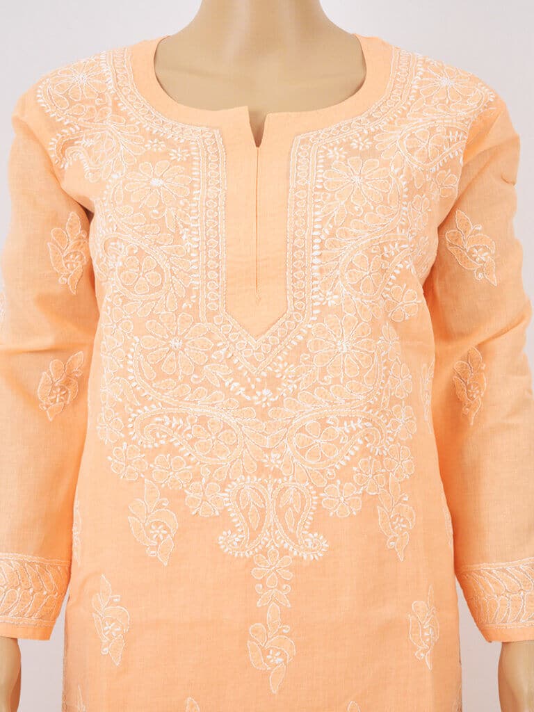 Women Orange And White Chikankaari Embroidery Cotton Kurta - Full Mid Close