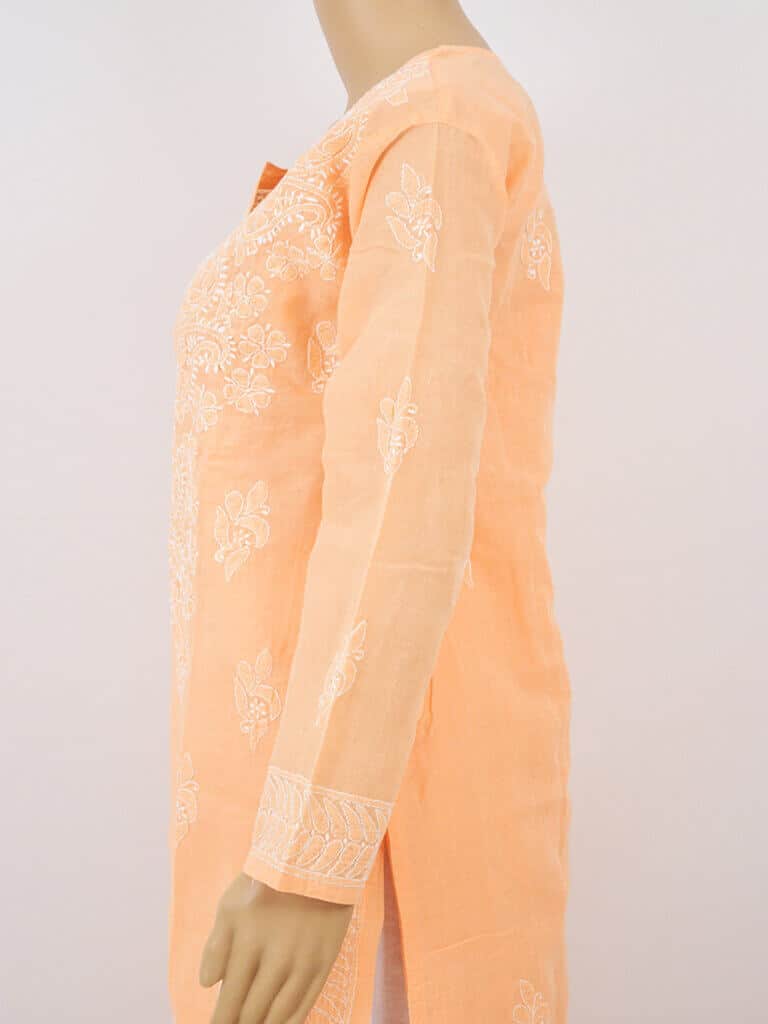 Women Orange And White Chikankaari Embroidery Cotton Kurta - Side Close