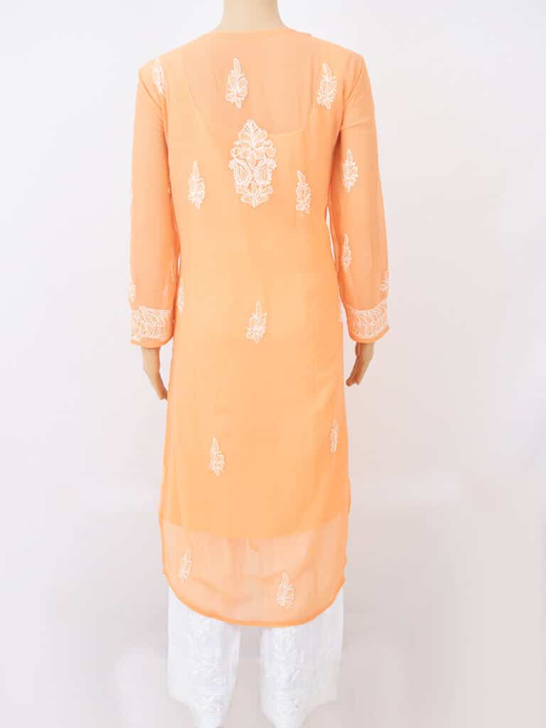 Women Orange Lucknowi Chikankaari Gala Boti Georgette Kurta - Back Full