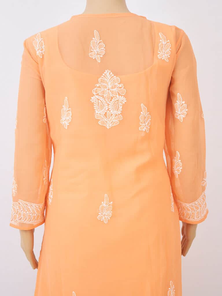 Women Orange Lucknowi Chikankaari Gala Boti Georgette Kurta - Back Full Close