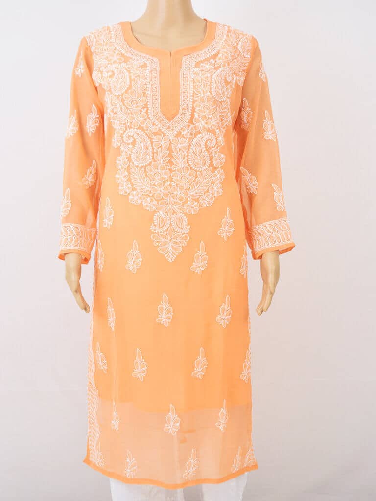 Women Orange Lucknowi Chikankaari Gala Boti Georgette Kurta - Front Low