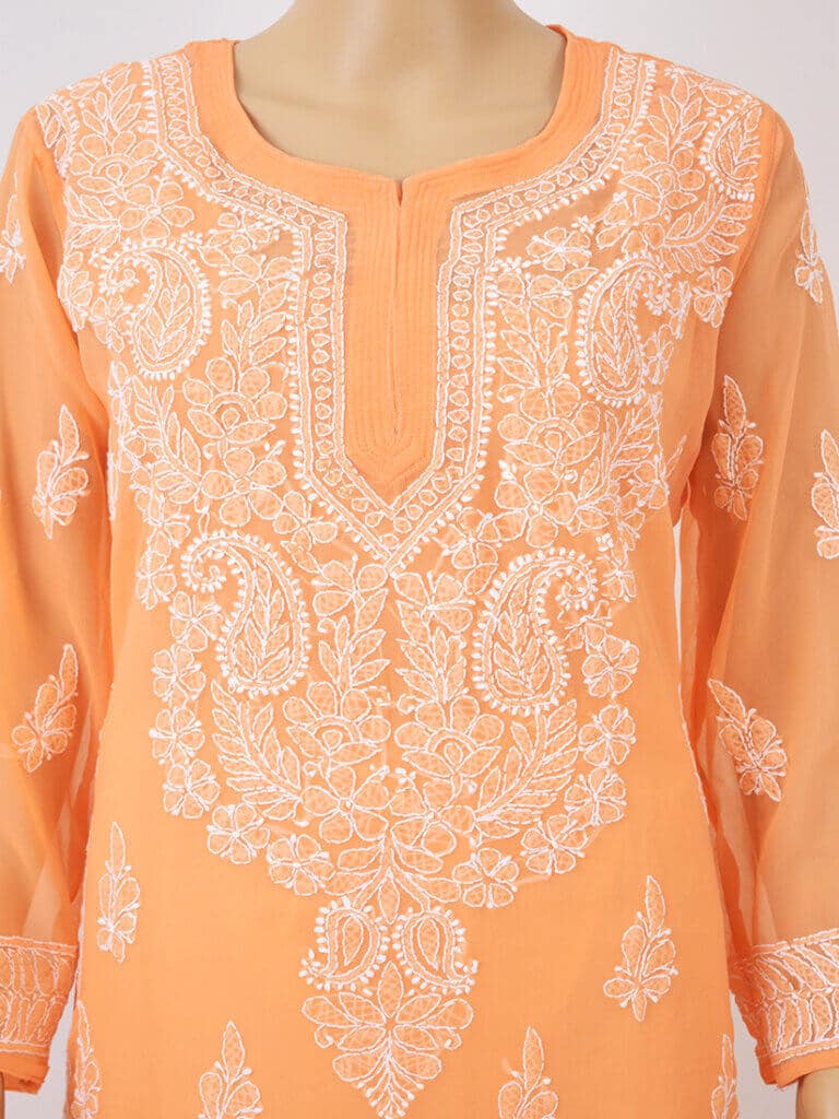 Women Orange Lucknowi Chikankaari Gala Boti Georgette Kurta - Front Mid Close