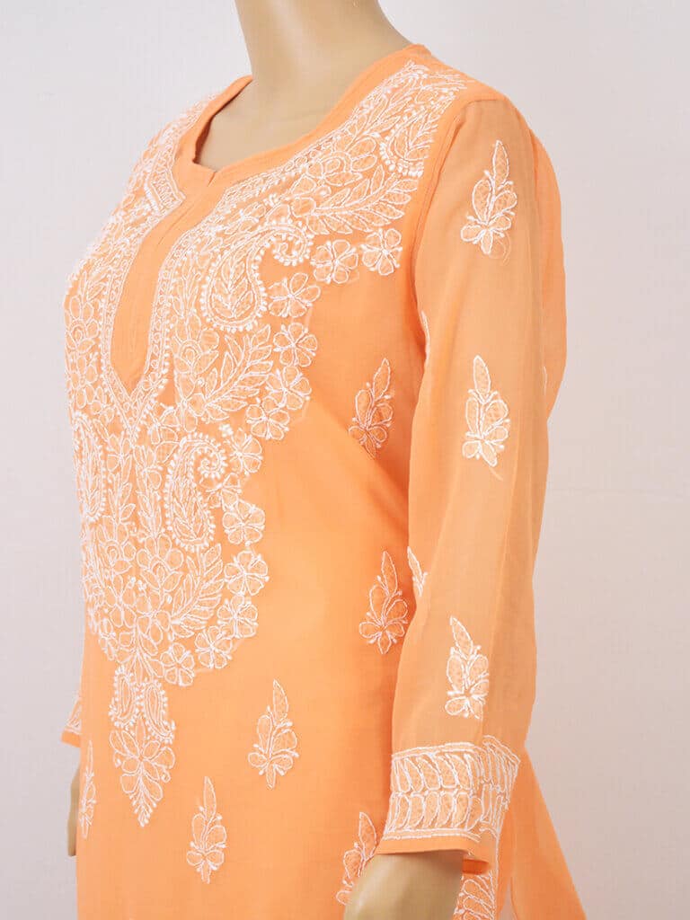 Women Orange Lucknowi Chikankaari Gala Boti Georgette Kurta - Side Close