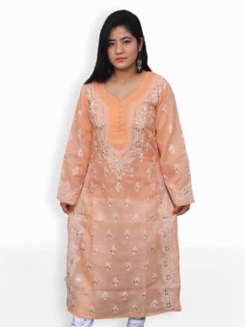 Peach & White Gala Boti Gota Lucknowi Chikankari Party Wear Cotton Kurti - Front