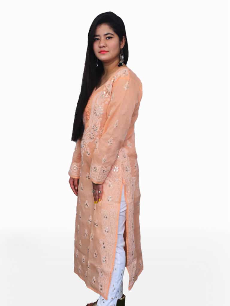 Women Peach Lucknowi Chikankari Handwork Gala Boti Gotta Patti Kurta - Side