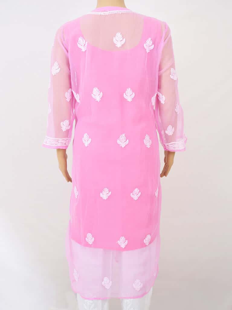 Women Pink Full Jaal Lucknowi Chikankaari Georgette Kurta - Back Full