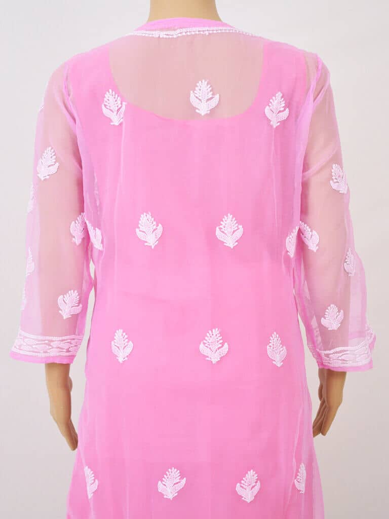 Women Pink Full Jaal Lucknowi Chikankaari Georgette Kurta - Back Close