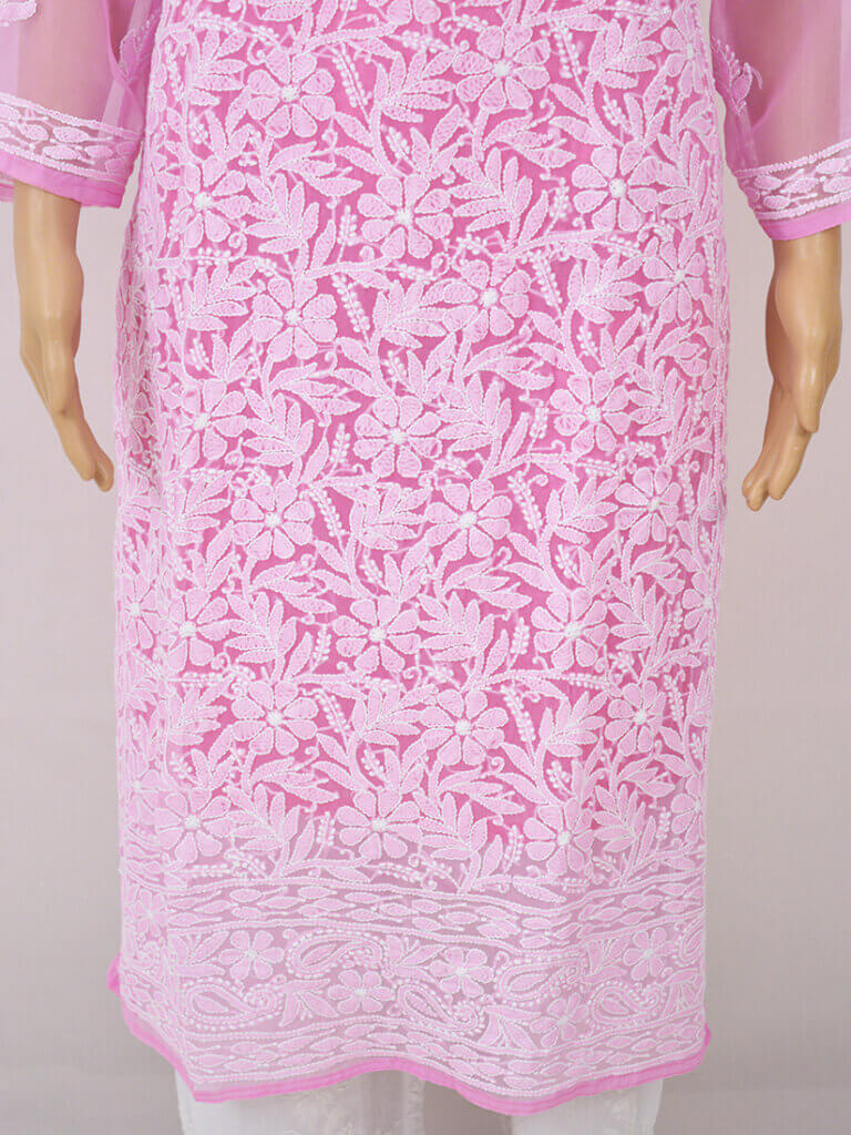 Women Pink Full Jaal Lucknowi Chikankaari Georgette Kurta - Front Low