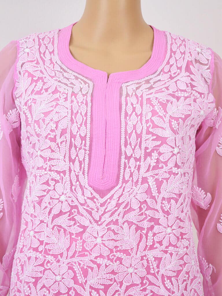 Women Pink Full Jaal Lucknowi Chikankaari Georgette Kurta - Front Mid Close