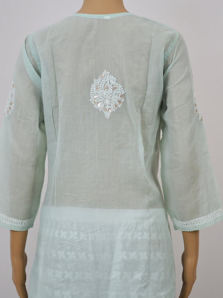 Women Pistachio Green Lucknowi Chikankari Cotton Kurti With Gota Patti Work - Back Close