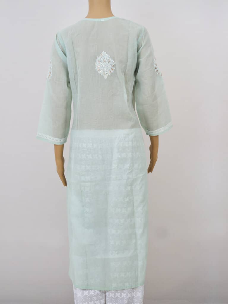 Women Pistachio Green Lucknowi Chikankari Cotton Kurti With Gota Patti Work - Back Full
