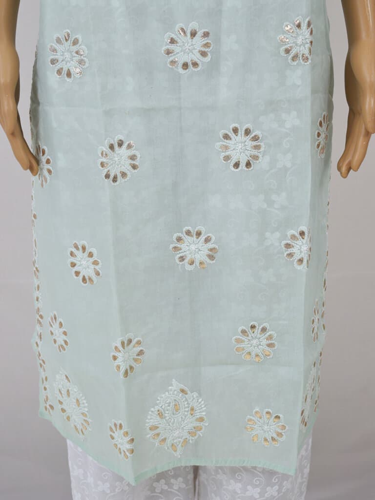 Women Pistachio Green Lucknowi Chikankari Cotton Kurti With Gota Patti Work - Front Low