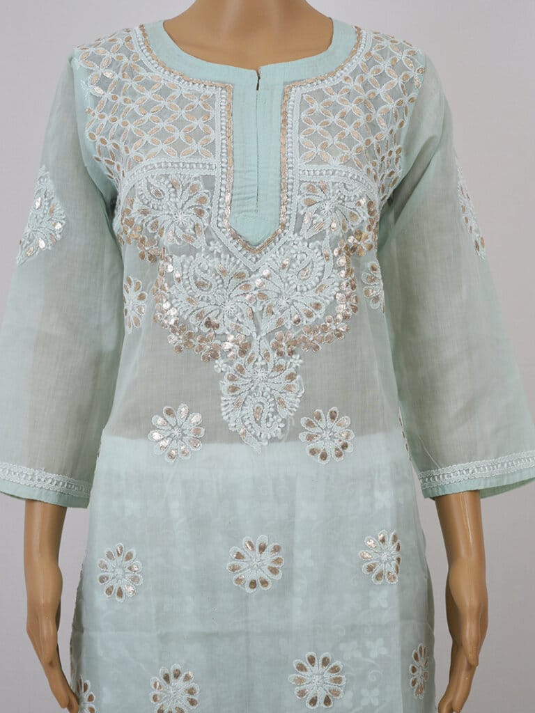 Women Pistachio Green Lucknowi Chikankari Cotton Kurti With Gota Patti Work - Front Mid Close