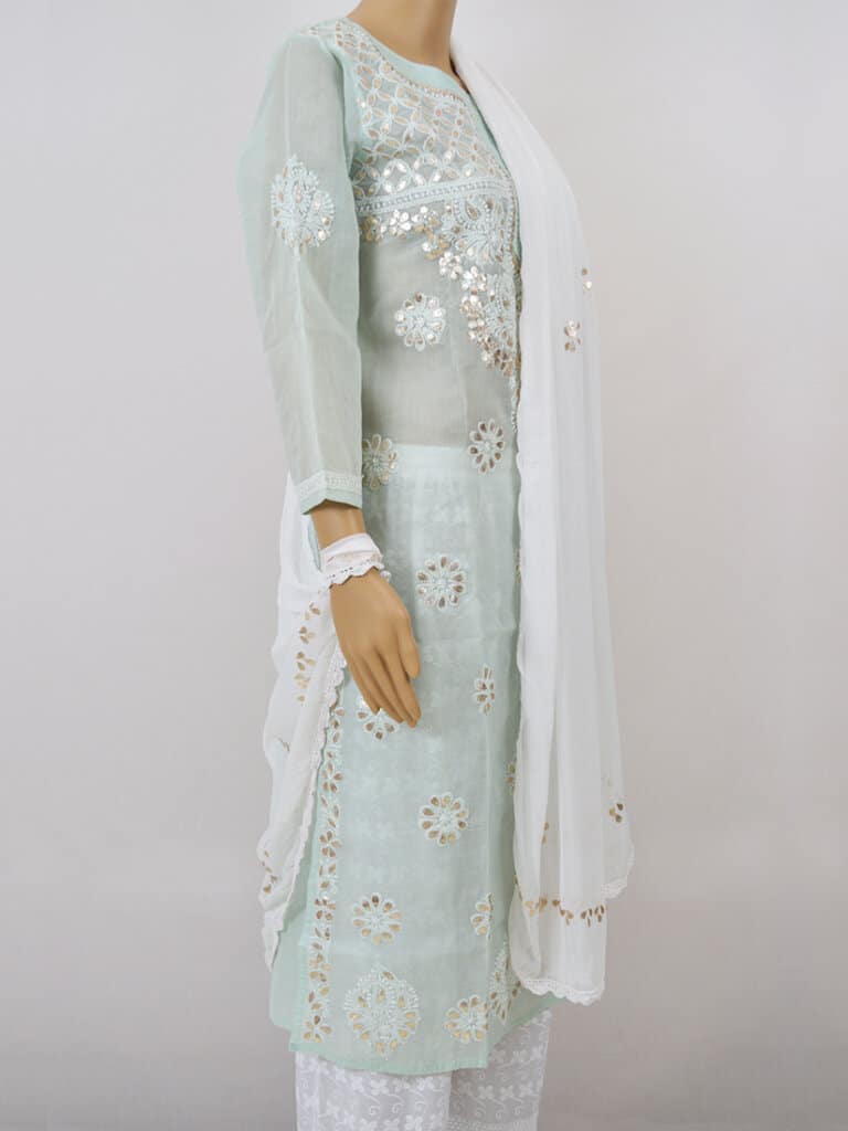 Women Pistachio Green Lucknowi Chikankari Cotton Kurti With Gota Patti Work - Side Full