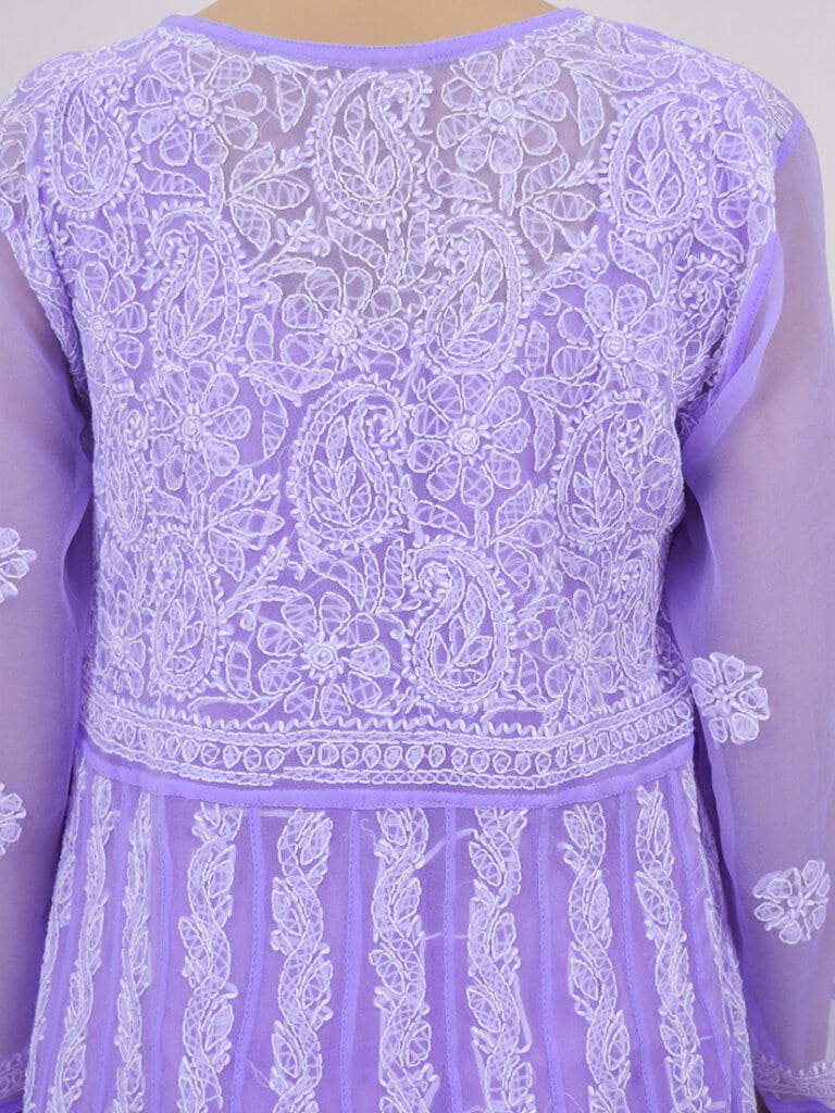 Women Purple And White Lucknowi Chikankari Georgette Anarkali Kurti - Back Close