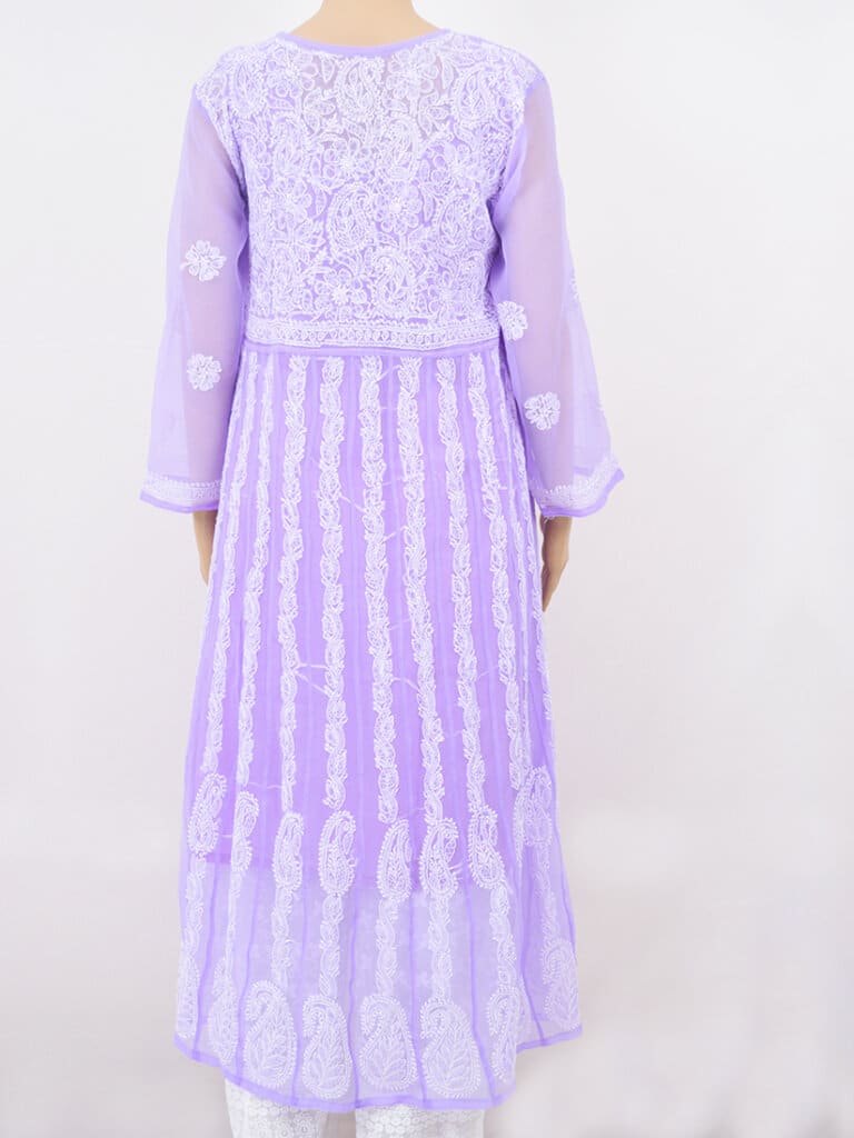 Women Purple And White Lucknowi Chikankari Georgette Anarkali Kurti - Back Full