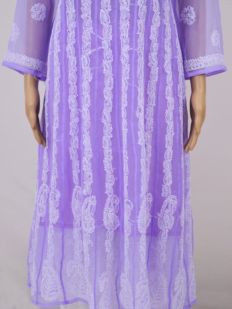 Women Purple And White Lucknowi Chikankari Georgette Anarkali Kurti - Front Low