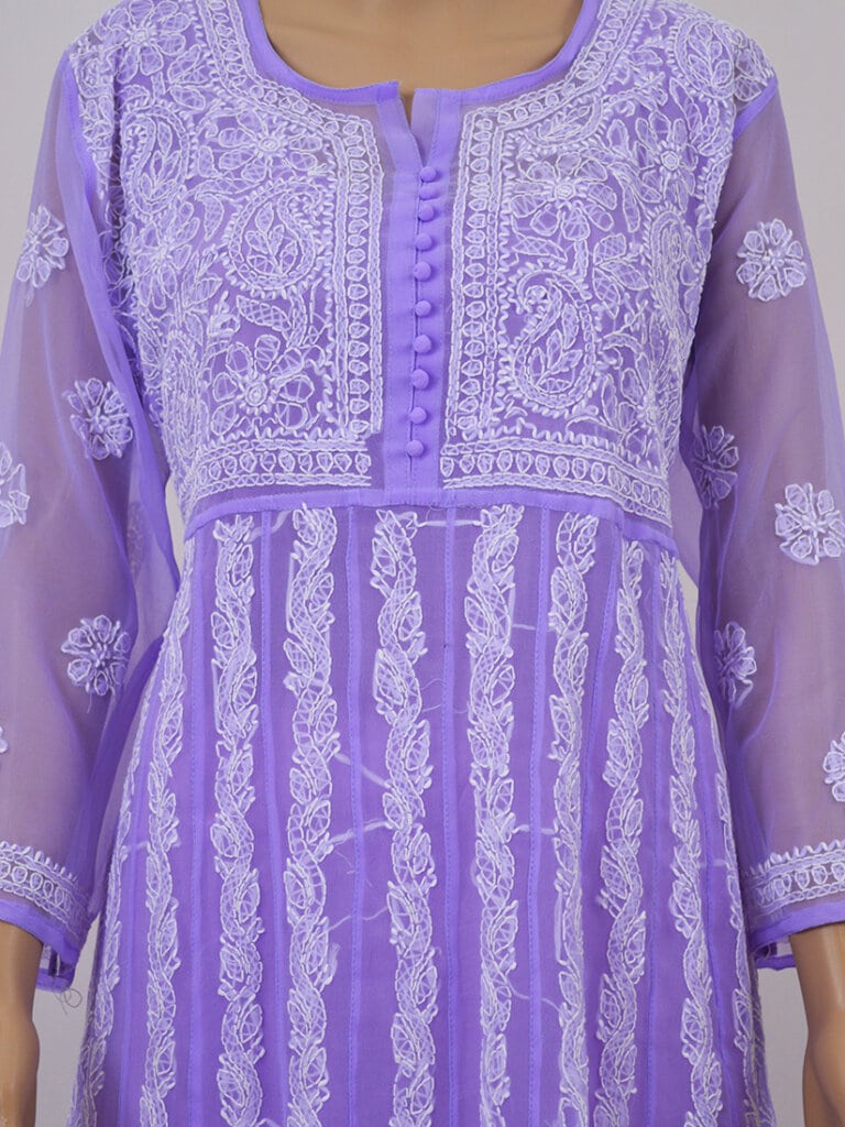 Women Purple And White Lucknowi Chikankari Georgette Anarkali Kurti - Front Mid Close